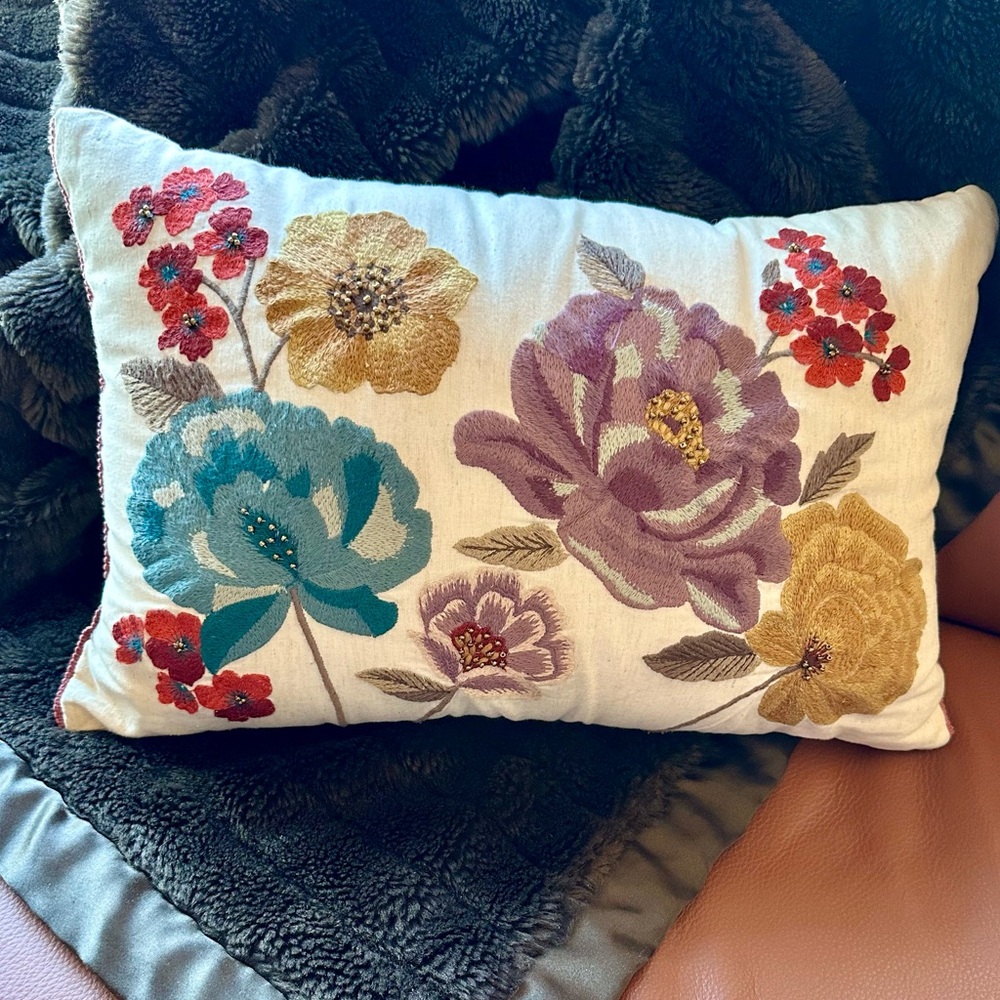Pier 1 Throw Accent Pillow Embroidered Floral with beads. Zip closure. Clean EUC